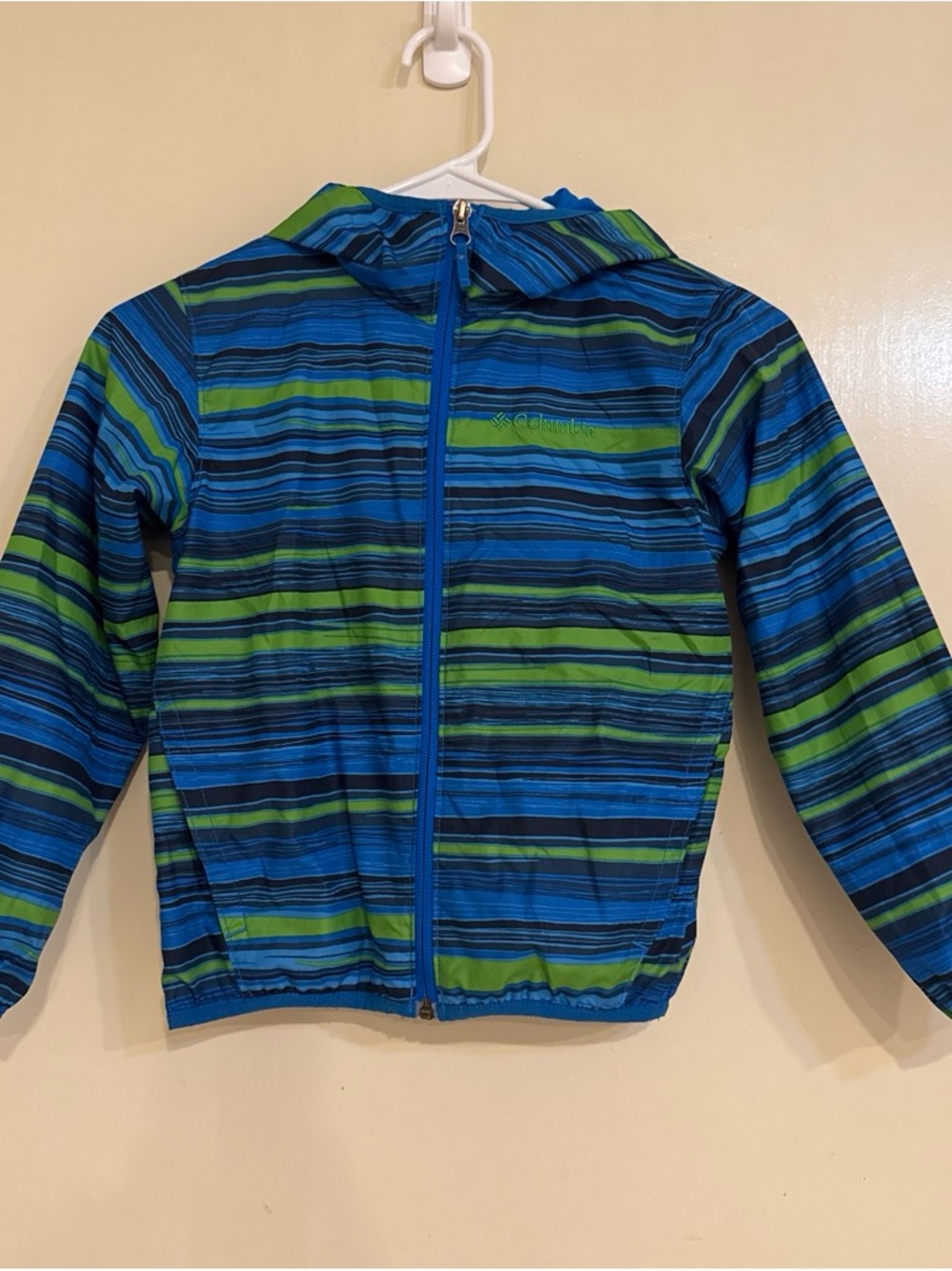Columbia Boys Blue and Green Striped Hooded Rain Jacket